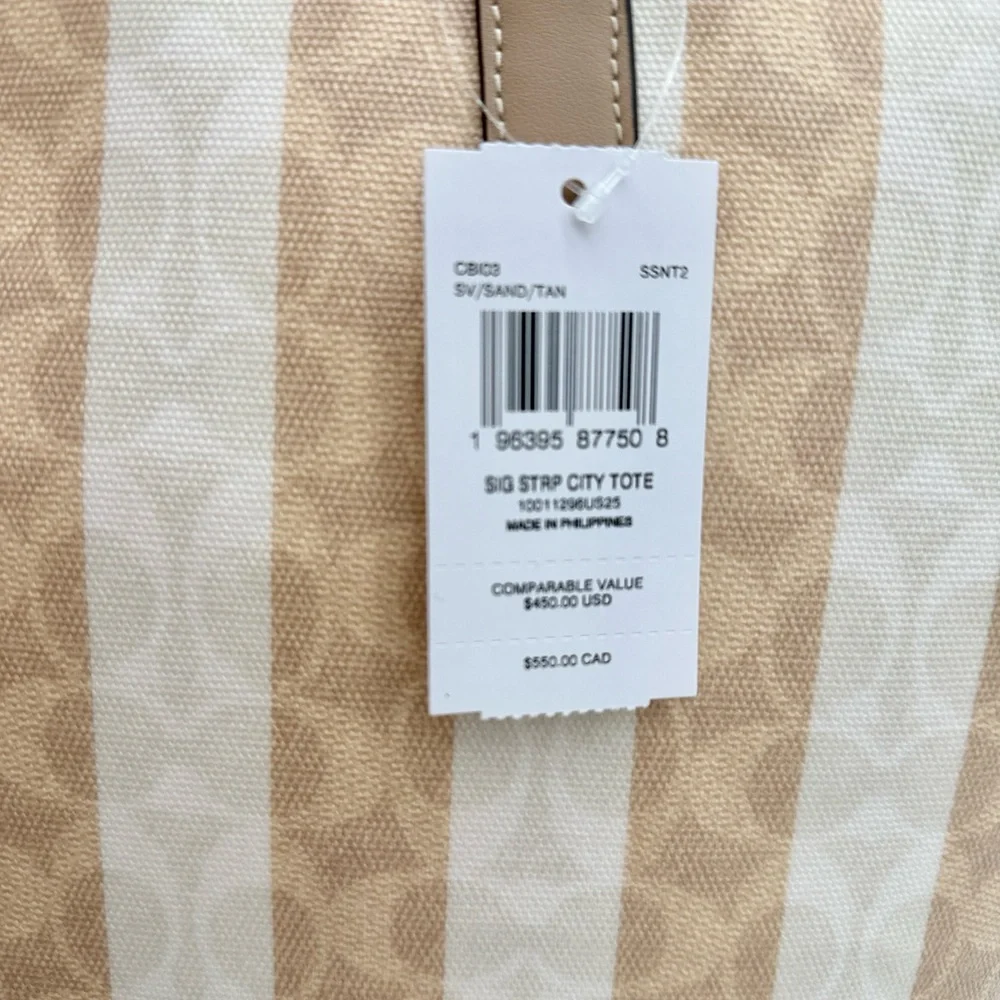 Coach Large City Tote Bag In Signature Canvas With Stripe Silver Sand Tan